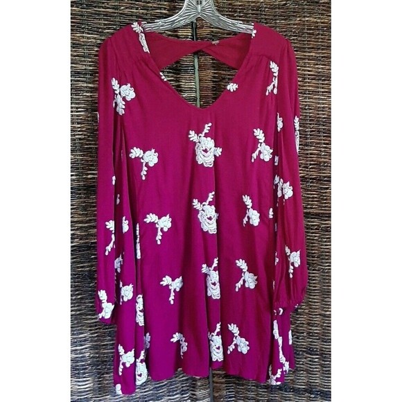 Free People Embroidered Austin Dress Long Sleeve Emma Boho Babydoll XS Fuchsia - Picture 2 of 9